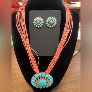 NWOT CORAL AND TURQUOISE NECKLACE AND EARRING SET